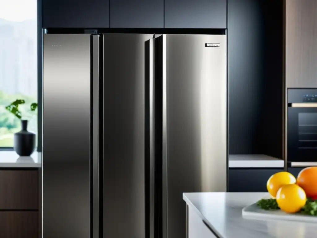 Refrigerador de Acero Inoxidable: Elegancia Moderna Un elegante refrigerador de acero inoxidable negro en una cocina contemporánea con influencia electrodomésticos texturas hogar