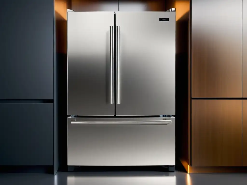 Un elegante refrigerador de acero inoxidable con iluminación ambiental, destacando su durabilidad y diseño moderno