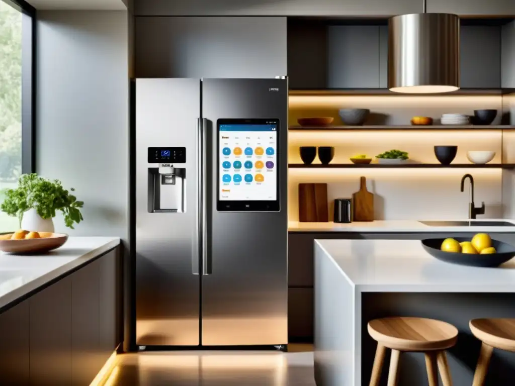 Refrigerador inteligente de alta tecnología en cocina contemporánea Un elegante refrigerador inteligente de alta tecnología en una cocina contemporánea con apps y funciones modernas