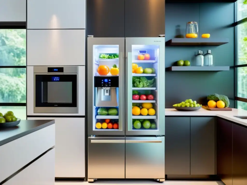 Refrigerador inteligente moderno con puerta de vidrio y alimentos coloridos Un elegante refrigerador inteligente con frutas, verduras y bebidas organizadas, en una cocina sofisticada