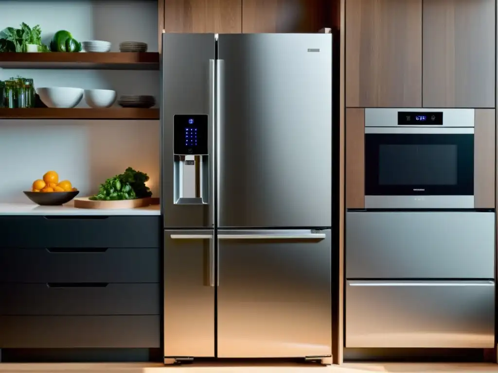 Refrigerador inteligente: tecnología y estilo en la cocina Un elegante refrigerador inteligente integrado en una cocina minimalista con tecnología de vanguardia, iluminación suave y ambiente acogedor