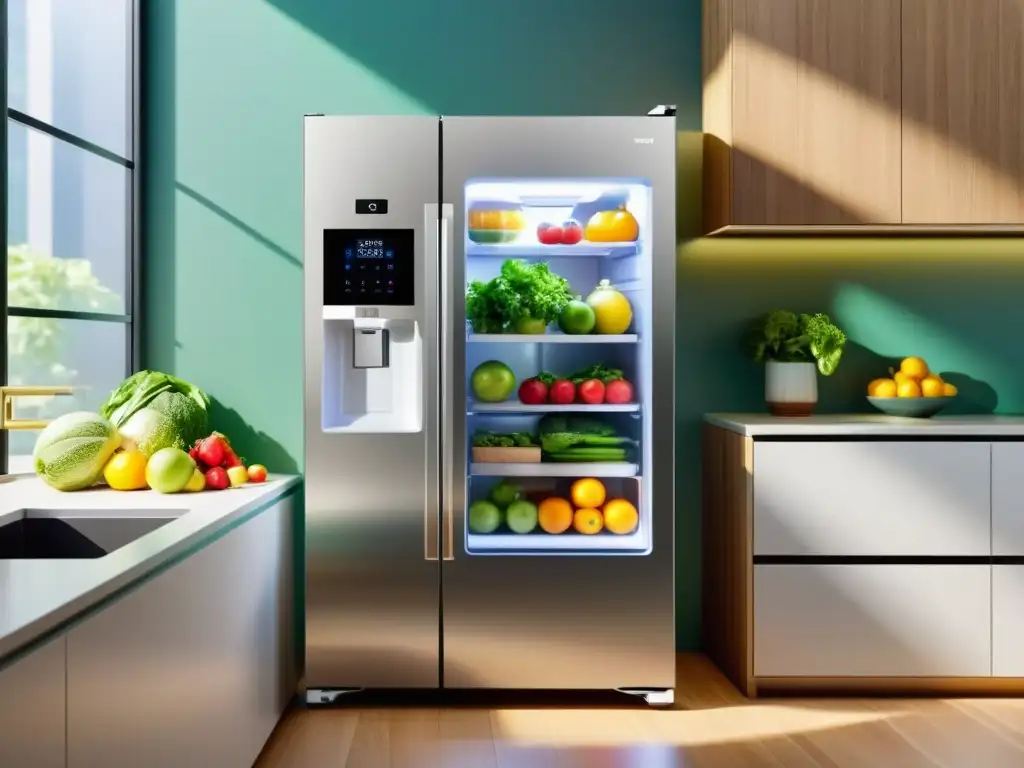 Refrigerador inteligente con frutas y verduras coloridas Un elegante refrigerador inteligente con puerta de vidrio, frutas y verduras coloridas, pantalla LED y cocina sostenible