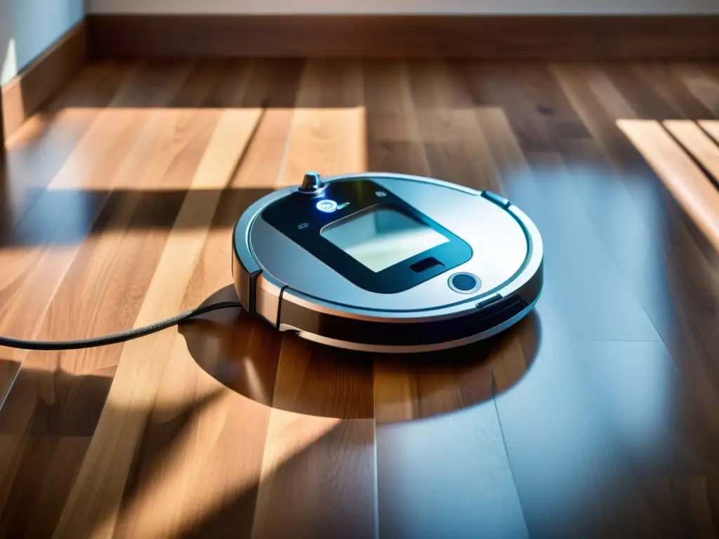 Robot aspirador de acero inoxidable: limpieza futurista Un elegante robot aspirador de acero inoxidable deslizándose sin esfuerzo por un suelo de madera, capturando cada mota de polvo con precisión