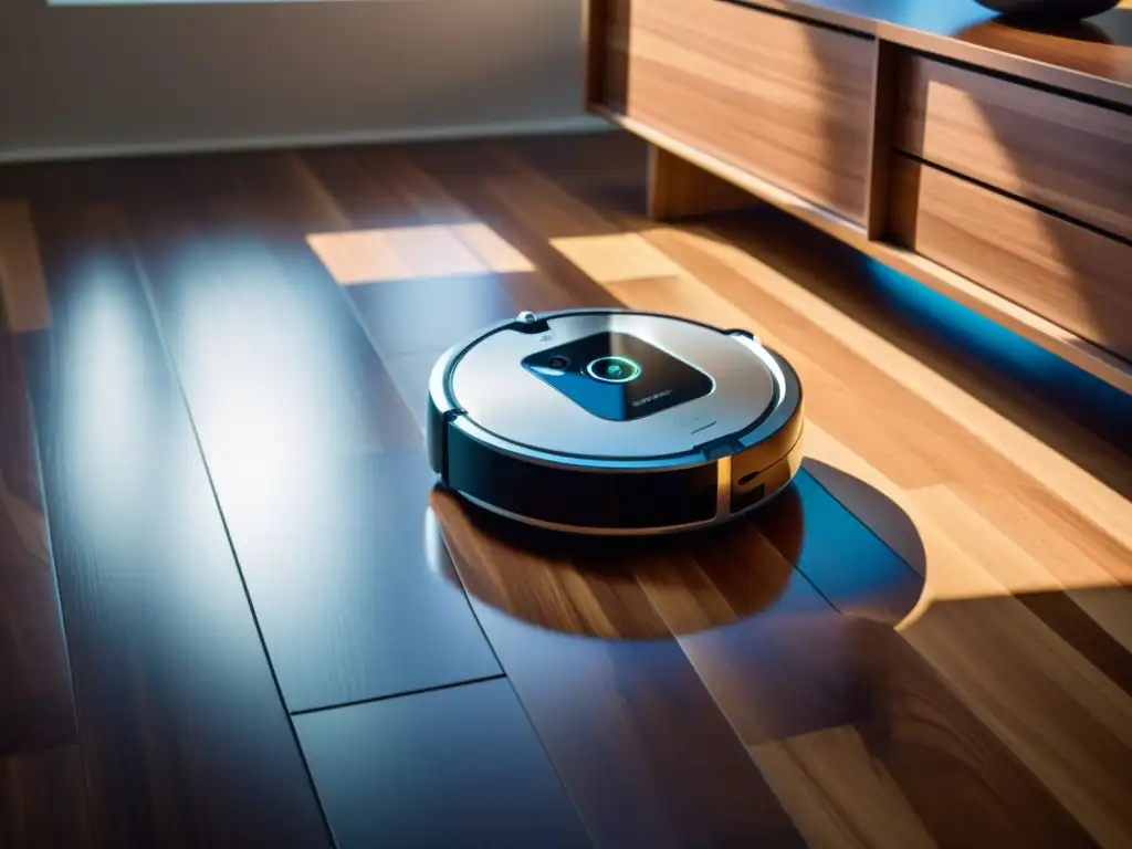 Robótico aspirador moderno mapeando con precisión Un elegante robot aspirador autónomo deslizándose sin esfuerzo sobre un suelo de madera pulido, con sensores mapeando la habitación con precisión, mientras una suave luz ambiental emana desde su panel de control