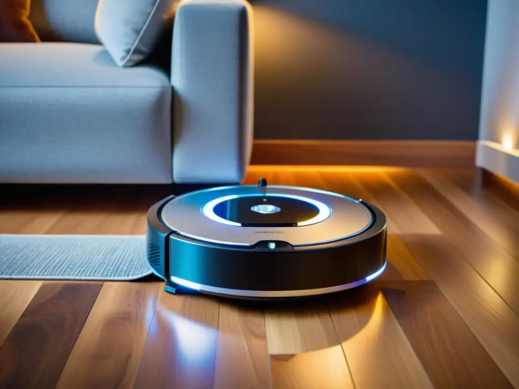 Robot aspirador moderno: eficiencia y sofisticación Un elegante robot aspirador recorre sin esfuerzo un suelo de madera, mostrando eficiencia y tecnología