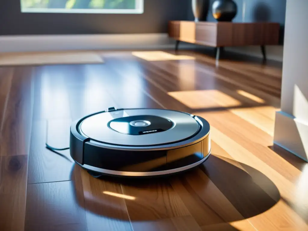 Robot aspirador moderno recorriendo un suelo de madera con elegancia Un elegante robot aspirador moderno se desliza sin esfuerzo por el suelo de madera, con su pantalla LED iluminada mientras navega alrededor de los muebles