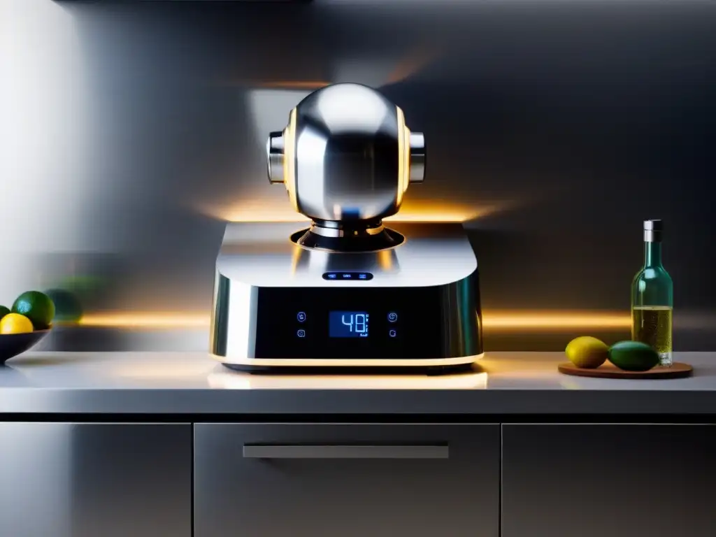 Robótico cocina: lujo moderno en la cocina Un elegante robot de cocina electrodoméstico descansa en una encimera de cocina impecable, rodeado de electrodomésticos de acero inoxidable brillante