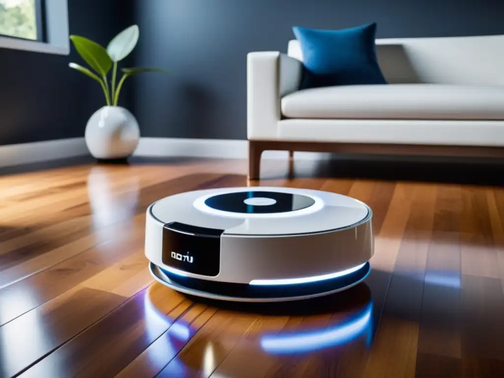 Robot de limpieza futurista en un elegante hogar moderno Un elegante robot de limpieza en un moderno hogar