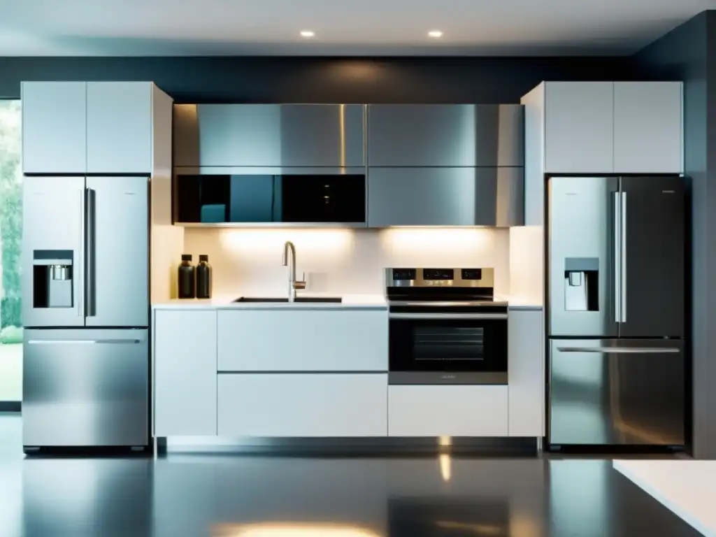 Una elegante sala de exhibición de cocina con electrodomésticos de acero inoxidable modernos y líneas limpias