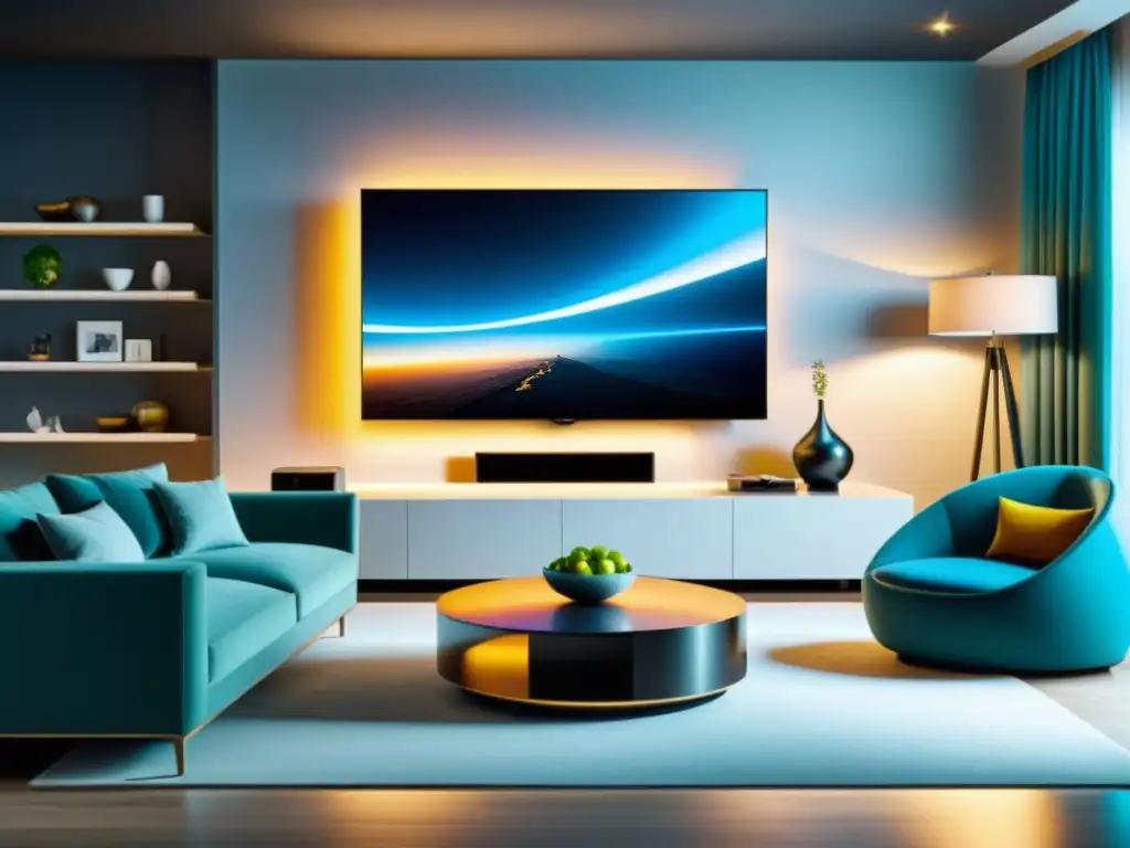 Sala moderna con Smart TV de alta definición Una elegante sala de estar con Smart TV en la pared, clave para elegir Smart TV