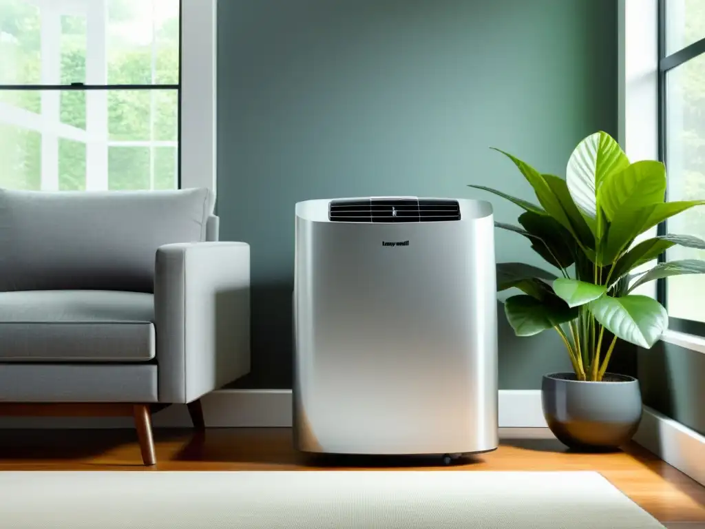 Salón moderno con aire acondicionado portátil Honeywell MN10CESWW Un elegante salón con el aire acondicionado portátil Honeywell MN10CESWW en la esquina, creando un ambiente fresco y cómodo