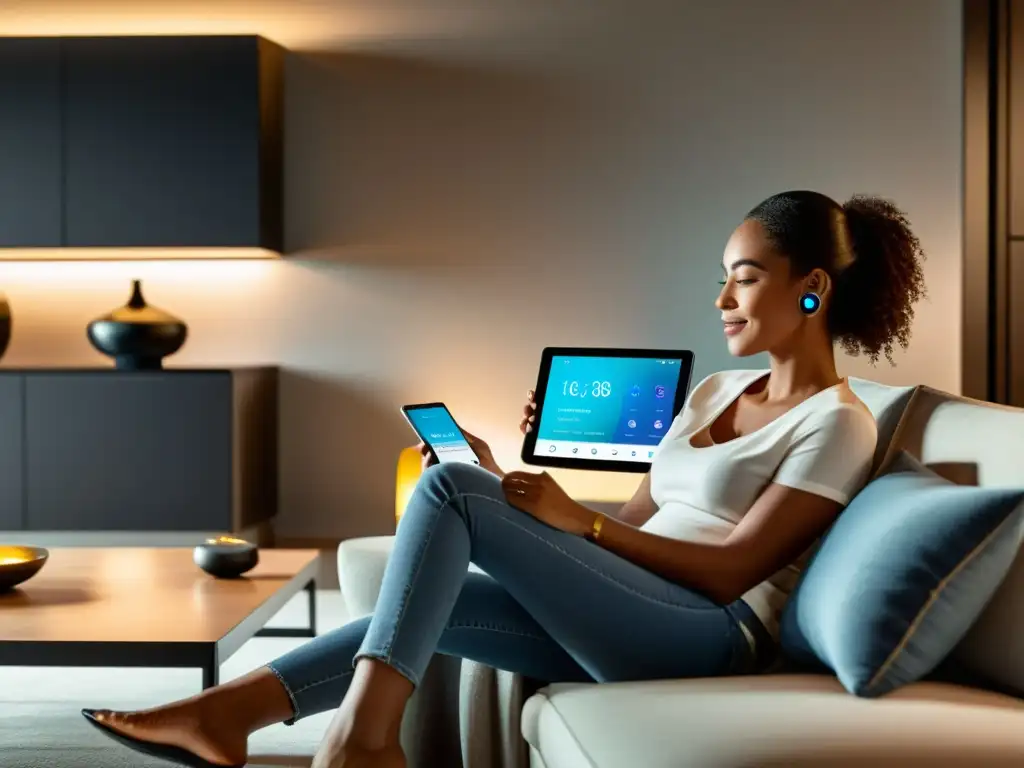 Un elegante salón inteligente con dispositivos conectados a Amazon Alexa, reflejando la comodidad y lujo de un hogar inteligente