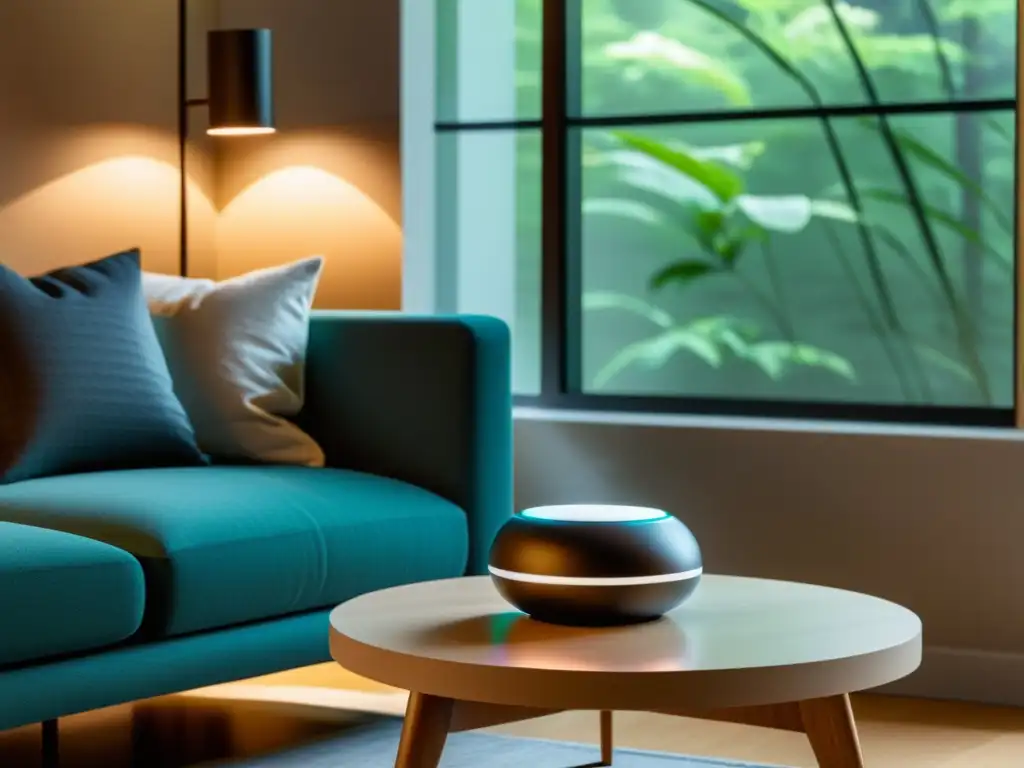 Sala moderna con altavoz inteligente iluminado Un elegante salón moderno con altavoz inteligente, iluminado con luz ambiental cálida
