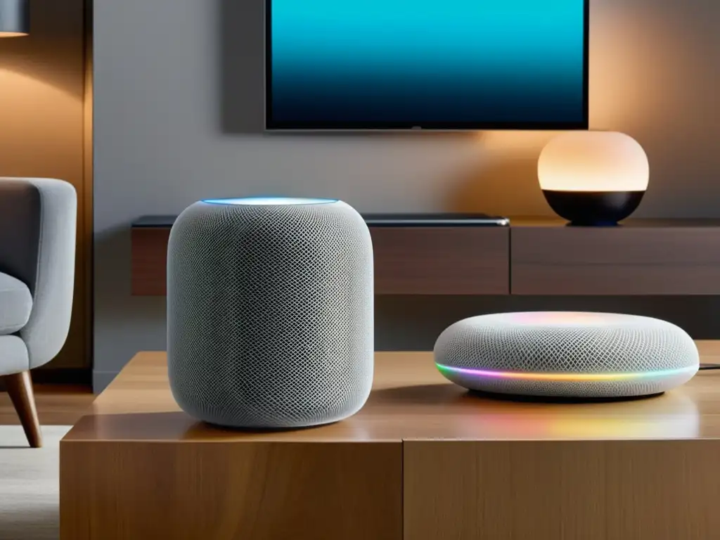Salón moderno con Apple HomePod: elegancia y sofisticación Un elegante salón moderno con un elegante Apple HomePod en una mesa de café minimalista, rodeado de muebles mullidos y una cálida iluminación