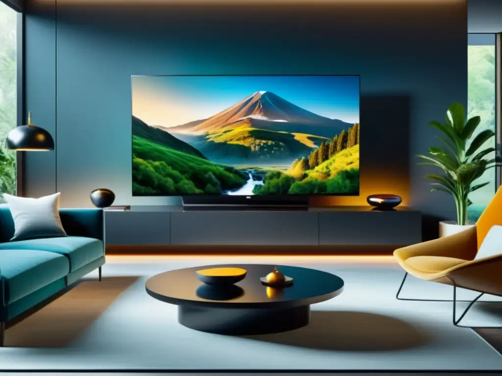 Salón moderno con TV 8K y escena vibrante de la naturaleza Un elegante salón moderno con una gran Smart TV 8K montada en la pared, mostrando una escena natural detallada y vibrante
