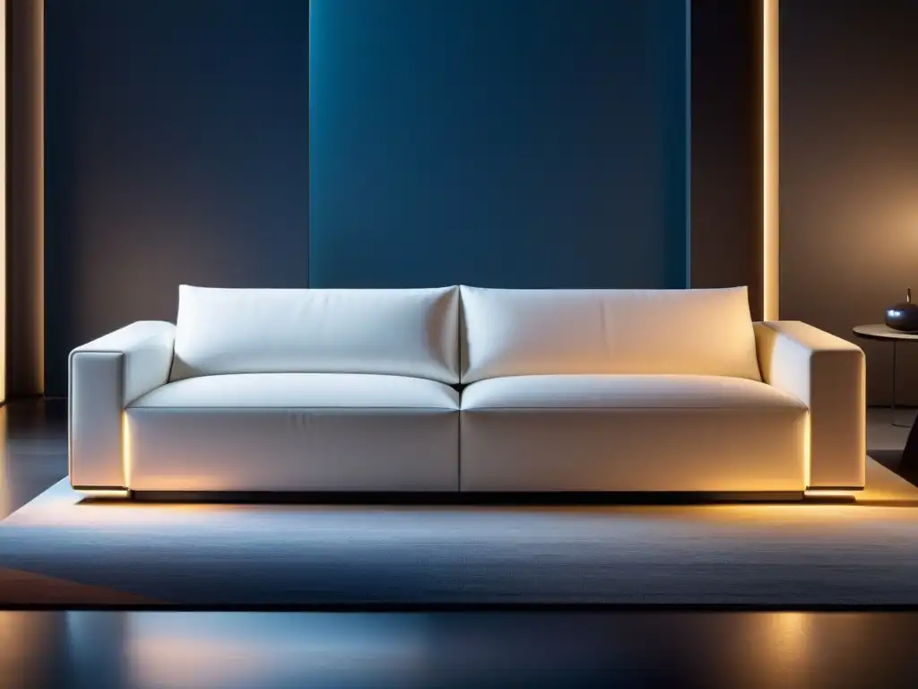 Sofá multifuncional de alta tecnología para una sala moderna y elegante Un elegante salón moderno con un sofá multifuncional integrado, almacenamiento oculto y puertos de carga