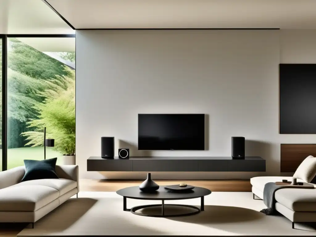 Sistema de audio multiroom inalámbrico para una experiencia inmersiva Un elegante sistema de audio multiroom sincronizado, con altavoces inalámbricos integrados en una sala de estar moderna y estilizada