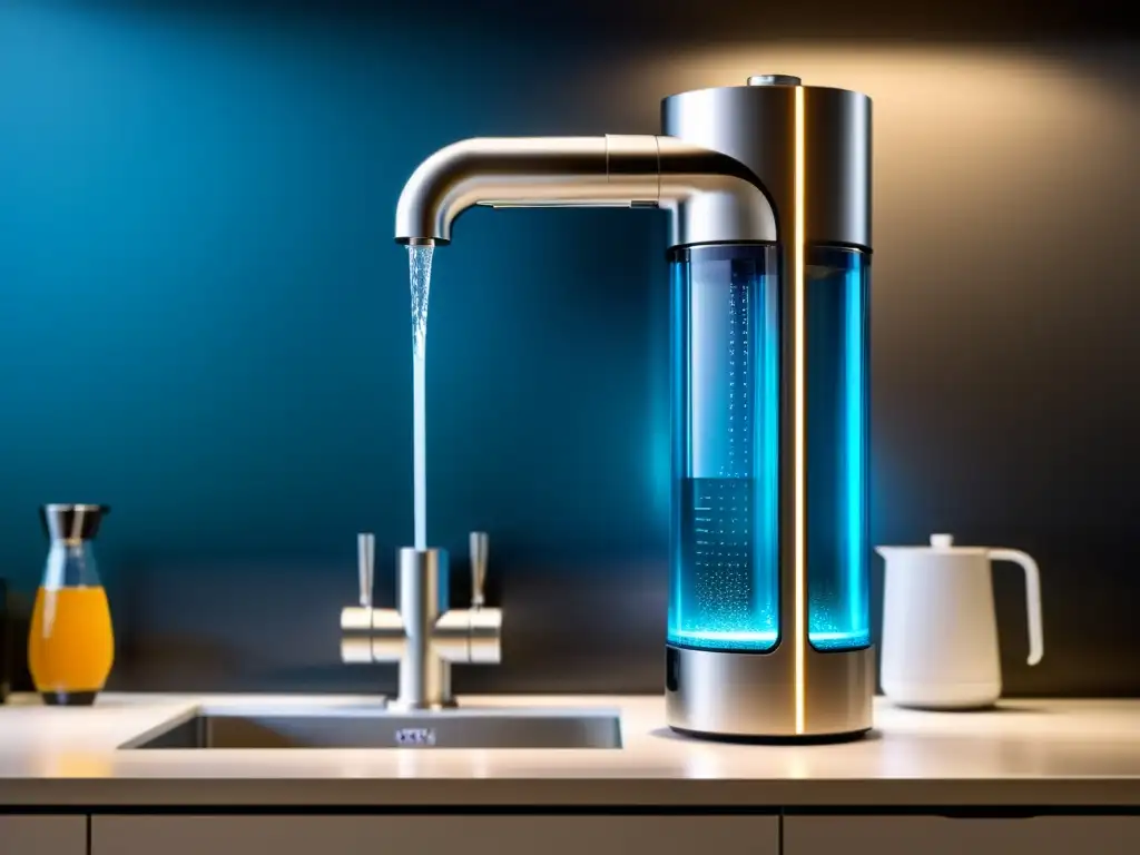 Sistema de filtración de agua moderno y elegante con iluminación LED suave Un elegante sistema de filtración de agua con iluminación LED, perfecto para cocinas modernas