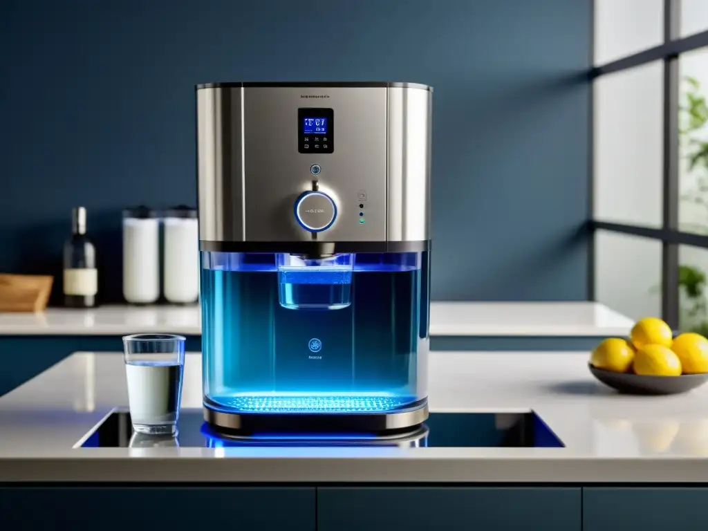 Sistema de filtración de agua moderno y elegante en la cocina Un elegante sistema de filtrado de agua con múltiples etapas de filtración y diseño minimalista, iluminado por LED, en una cocina, mostrando las mejores sistemas de filtrado de agua