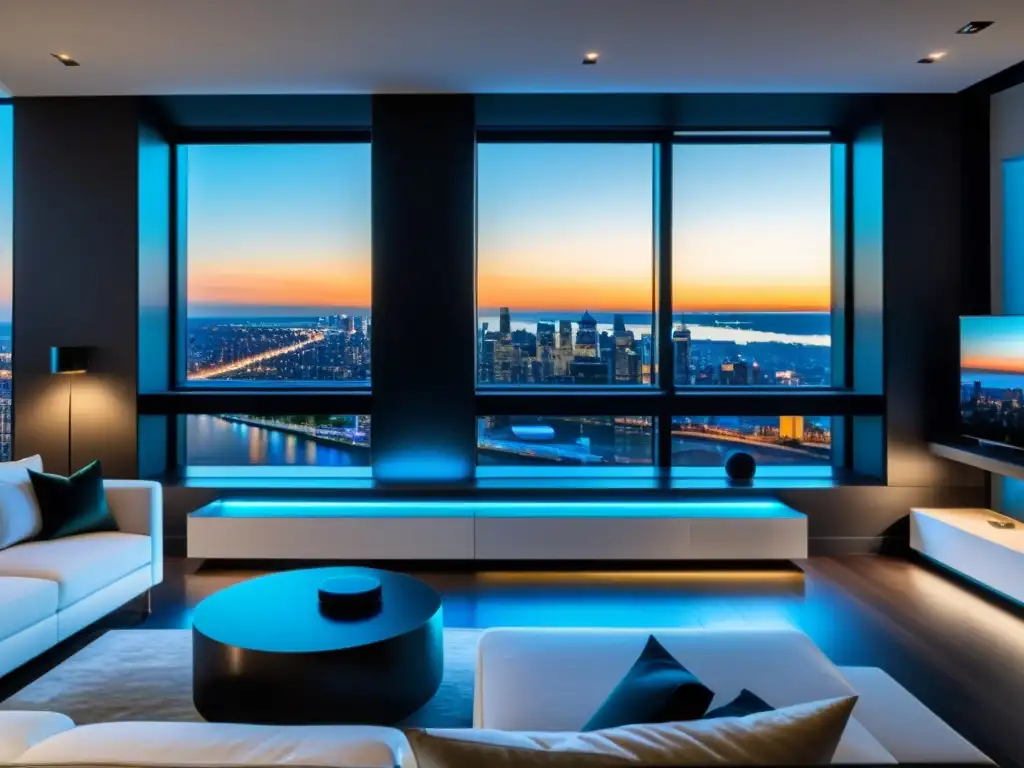 Exclusivo sistema de sonido inalámbrico para entretenimiento en casa Un elegante sistema de sonido para casa en un ambiente moderno y sofisticado con vista panorámica a la ciudad