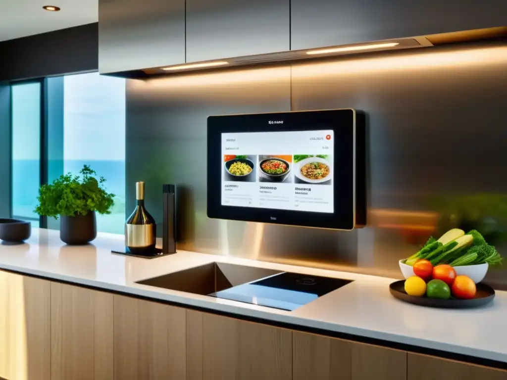 Cocina moderna con pantalla inteligente y receta gourmet Un elegante smart display en una cocina moderna, mostrando una receta gourmet paso a paso