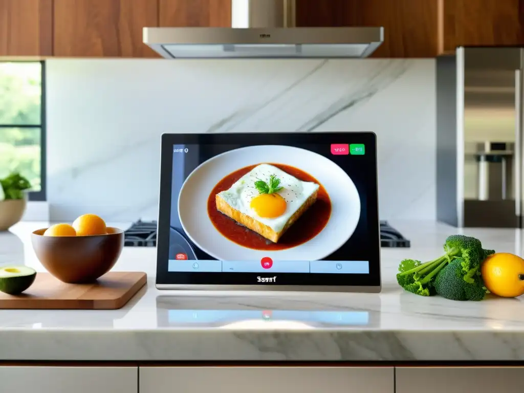 Recetas gourmet en pantalla: cocina moderna y sofisticada Un elegante smart display en una cocina moderna muestra una receta gourmet
