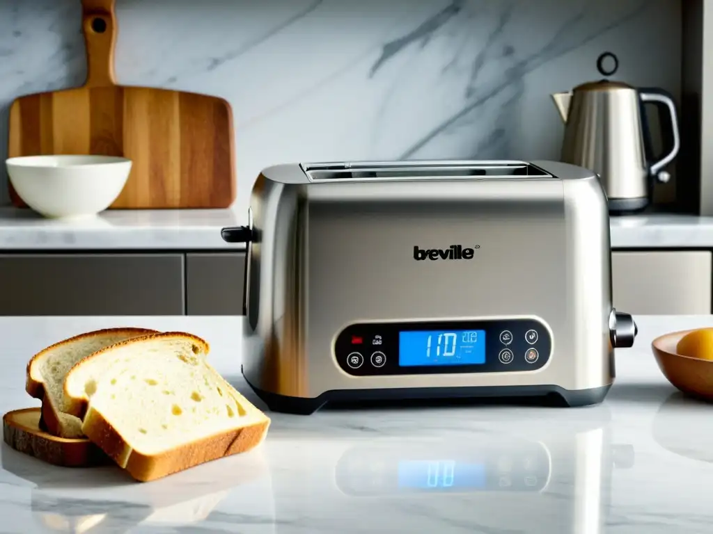 Toast dorado perfecto en tostadora Breville Smart Toast El elegante tostador Breville Smart Toast en una cocina moderna con luz de mañana