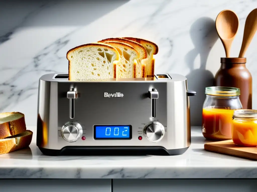 Desayuno gourmet con tostadora Breville Smart Toast en encimera de mármol El elegante tostador Breville Smart Toast brilla en un desayuno exquisito