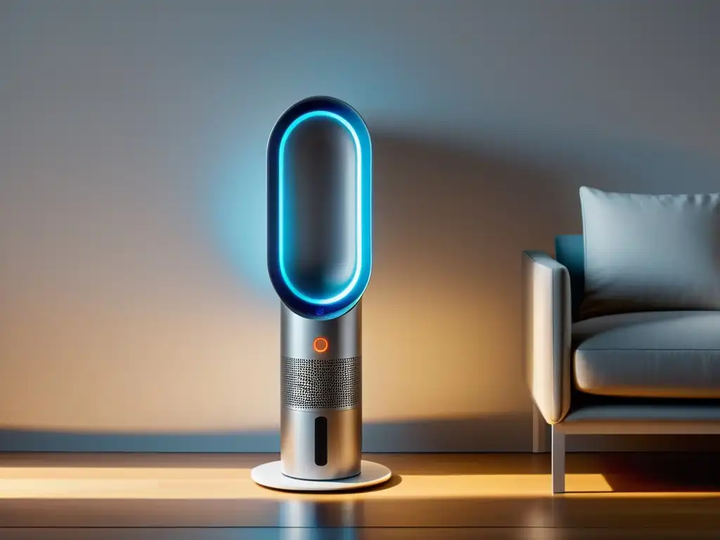 Un elegante ventilador sin aspas Dyson Cool AM07 en un pedestal blanco, con una suave luz ambiental