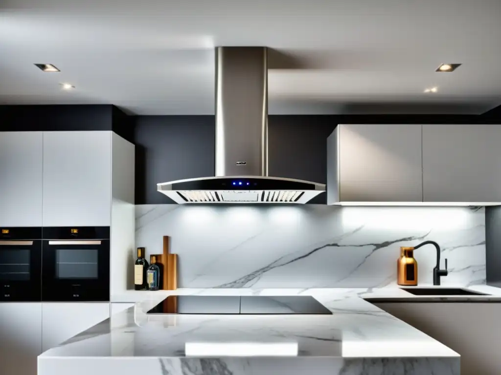 Extractor de techo de acero inoxidable con LED en acción Un elegante ventilador y extractor de techo para cocina en acción, creando un ambiente moderno y sofisticado en la cocina