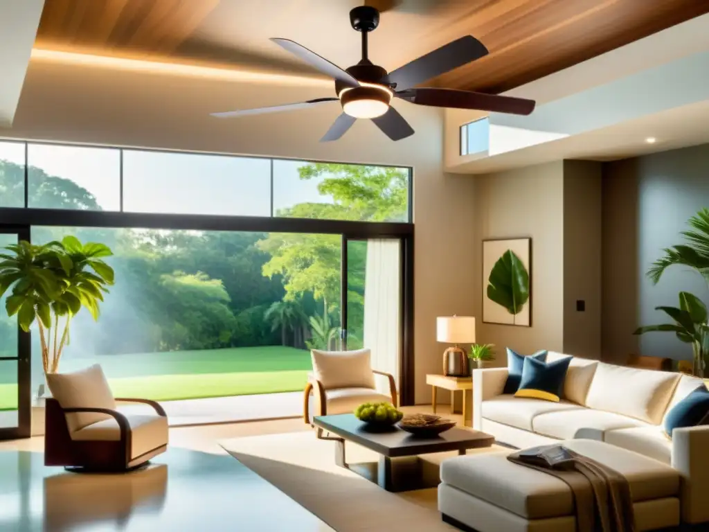 Ventilador de techo moderno en un salón espacioso y luminoso Un elegante ventilador de techo con aspas de madera y luces LED, en una moderna sala de estar iluminada por el sol
