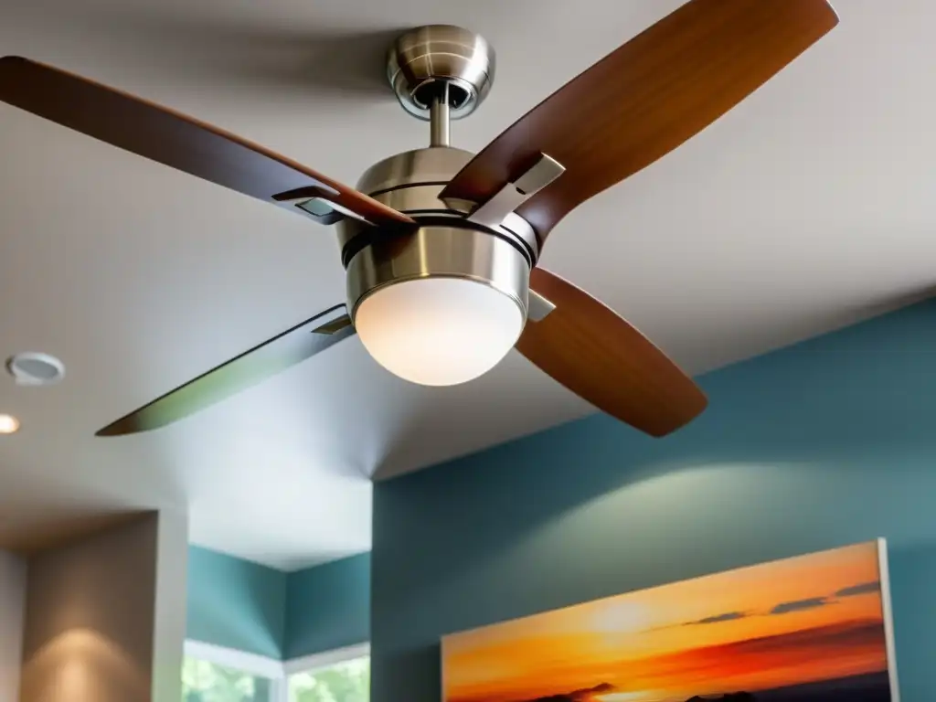 Ventilador de techo moderno en salón chic Un elegante ventilador de techo moderno con aspas de madera y acabado en níquel cepillado, creando un ambiente acogedor y tranquilo