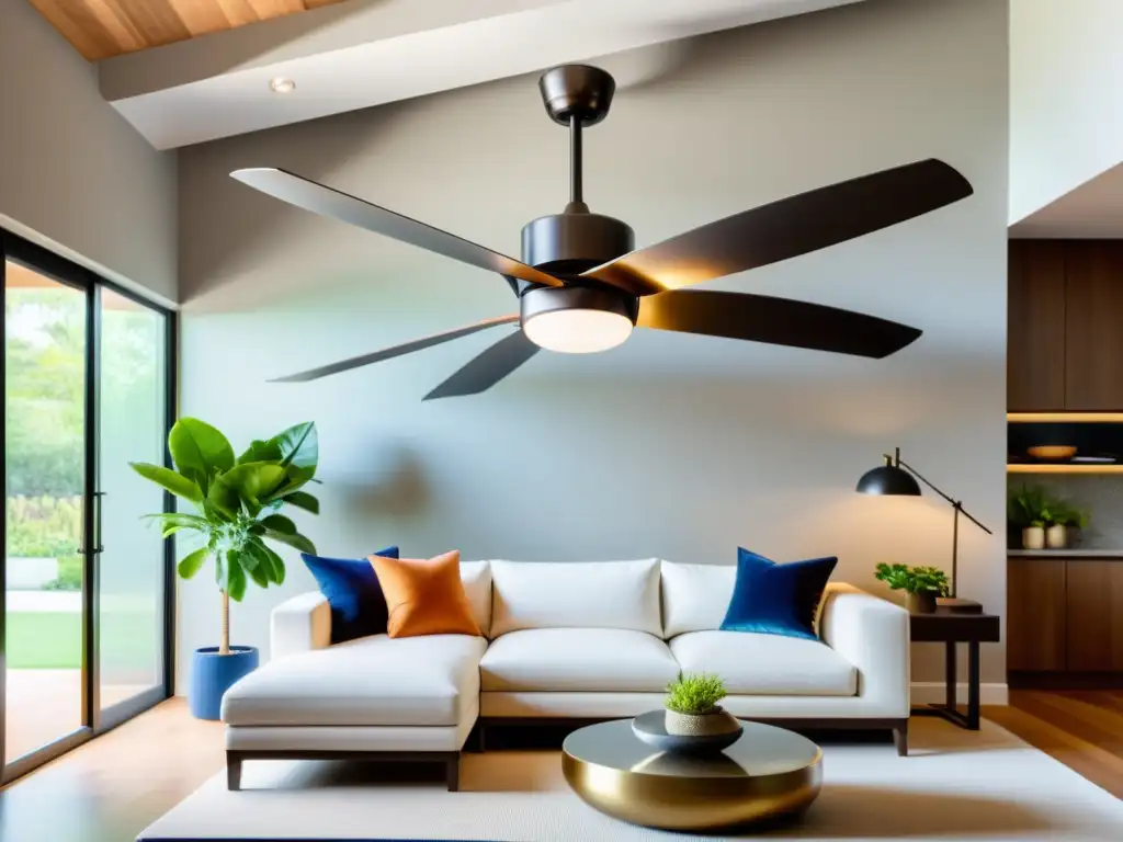 Ventilador de techo moderno y elegante en un salón luminoso y acogedor Un elegante ventilador de techo moderno con aspas anchas y anguladas gira graciosamente en un salón luminoso y aireado