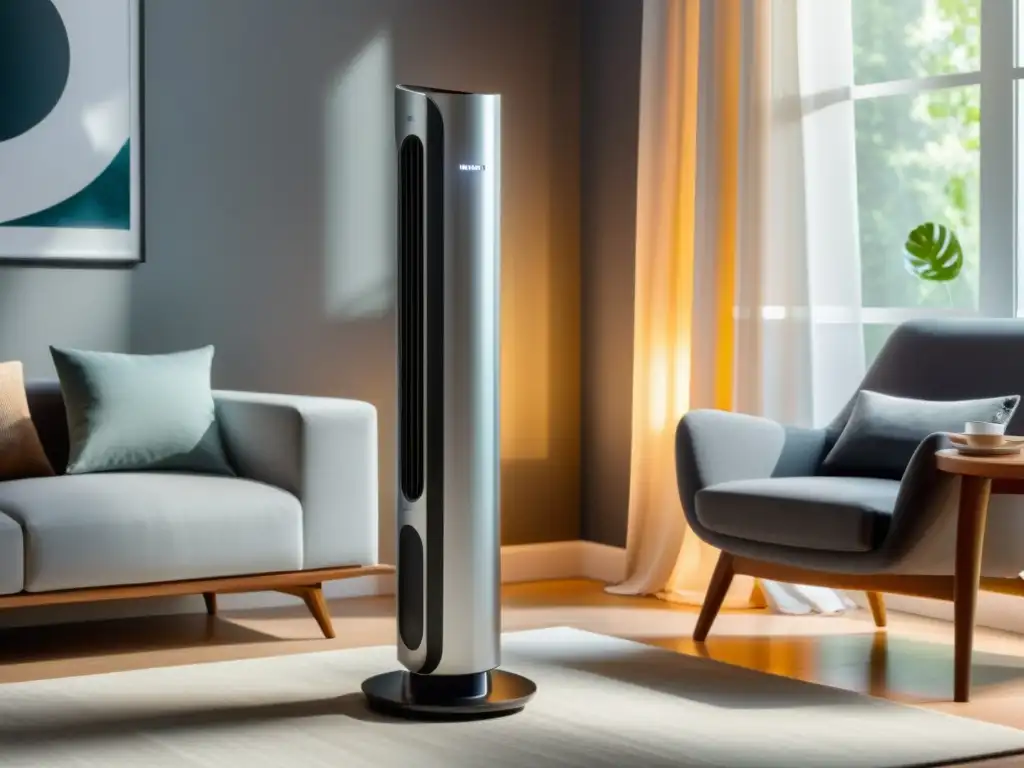 Ventilador de torre moderno en sala bien iluminada Un elegante ventilador de torre en un acogedor salón bien iluminado