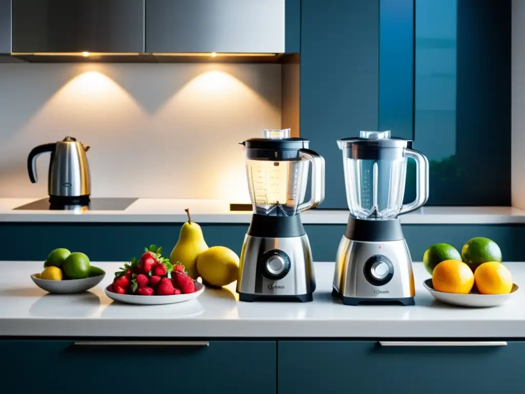 Moderna encimera con licuadoras Bosch y Oster junto a frutas frescas Dos elegantes batidoras de vaso Bosch y Oster, con acabados de acero inoxidable y paneles de control iluminados