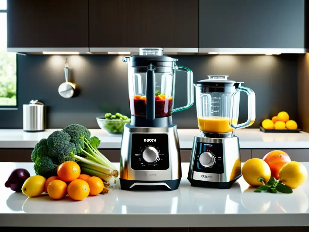 Potentes batidoras Bosch y Oster en cocina moderna Dos elegantes batidoras de vaso Bosch y Oster en una moderna encimera de cocina, rodeadas de frutas y verduras frescas bajo una suave iluminación