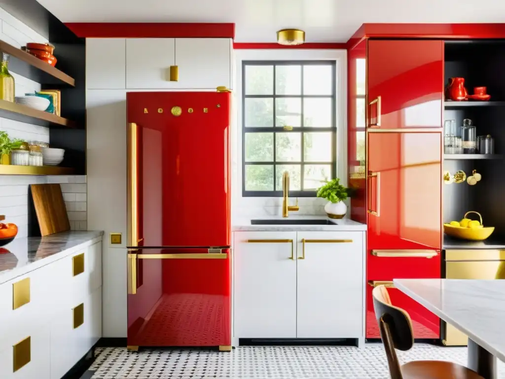 Moderna cocina con refrigerador retro rojo, toques vintage y personalizados Un encantador hogar con electrodomésticos estilo retro guía compra, donde la luz solar realza la atmósfera cálida de la cocina