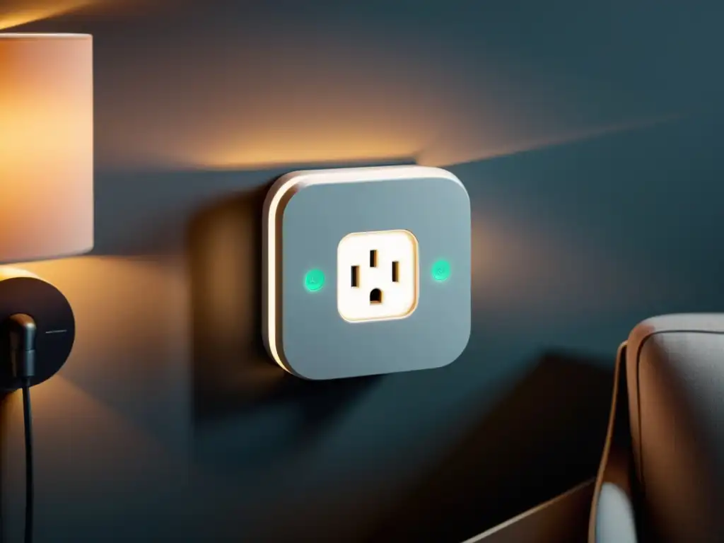Smart plug moderno en hogar inteligente Un enchufe inteligente moderno conectado a dispositivos compatibles con Alexa en un elegante y minimalista ambiente de hogar inteligente