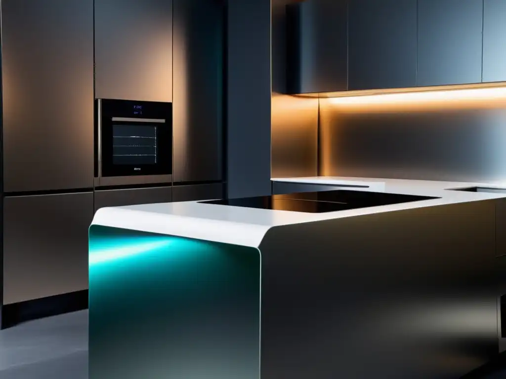 Encimera de cocina futurista y minimalista con acabado metálico Una encimera de cocina de aspecto metálico y vanguardista con electrodomésticos integrados