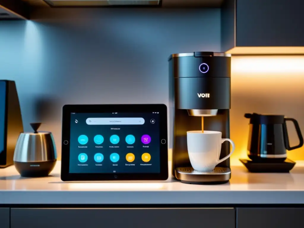 Cocina inteligente: comodidad para personas mayores Una encimera de cocina moderna con electrodomésticos inteligentes para personas mayores, creando un ambiente cálido y conveniente