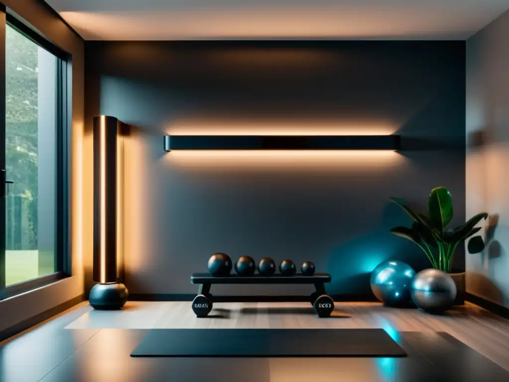 Entrenamiento de fuerza en gimnasio moderno con pesas inteligentes Entrenamiento de fortalecimiento en casa con pesas inteligentes en un gimnasio moderno y elegante