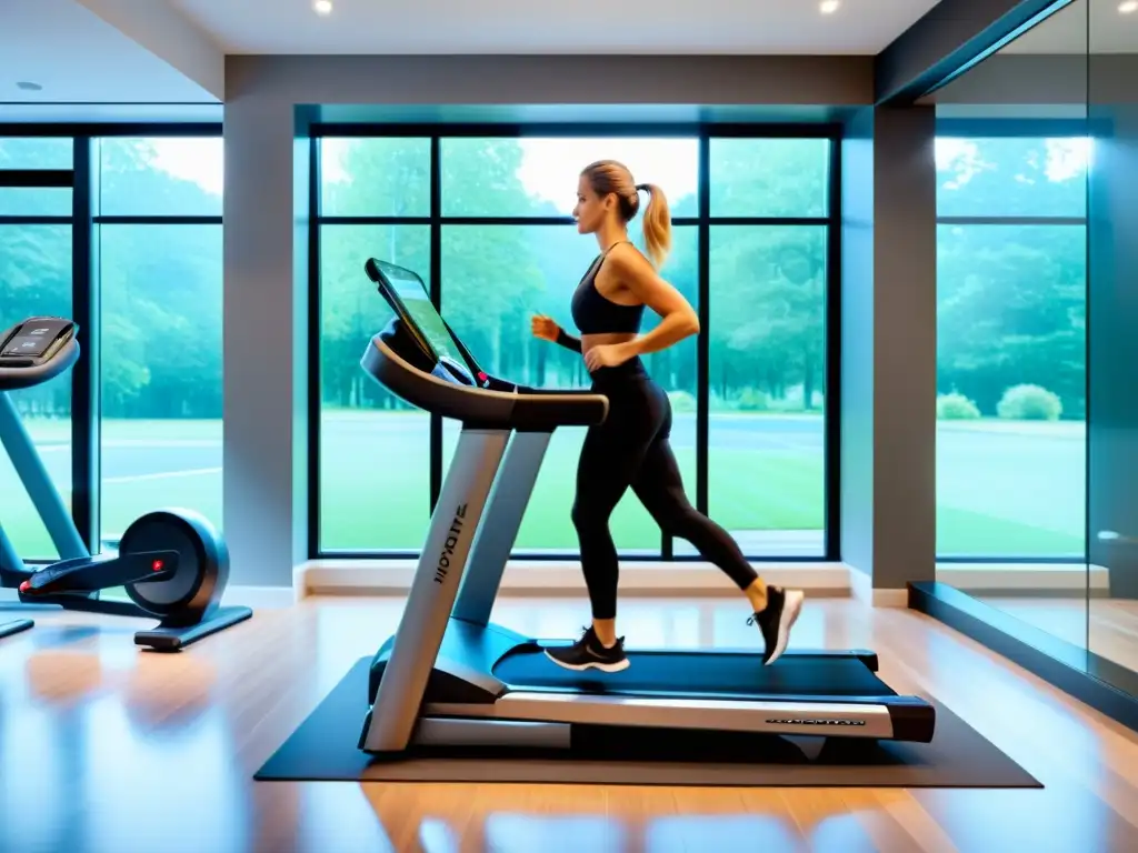 Moderno gimnasio en casa con equipamiento de fitness conectado de última generación 'Entrenamiento moderno en casa con equipo de ejercicio inteligente y decoración minimalista