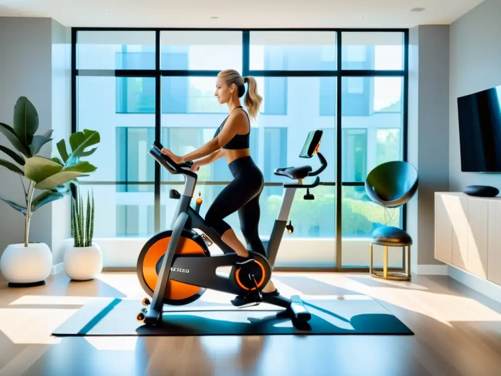 Entrenamiento de gimnasio en casa con tecnología de vanguardia Entrenamiento virtual con equipos de ejercicio inteligentes para el hogar en un gimnasio moderno y elegante