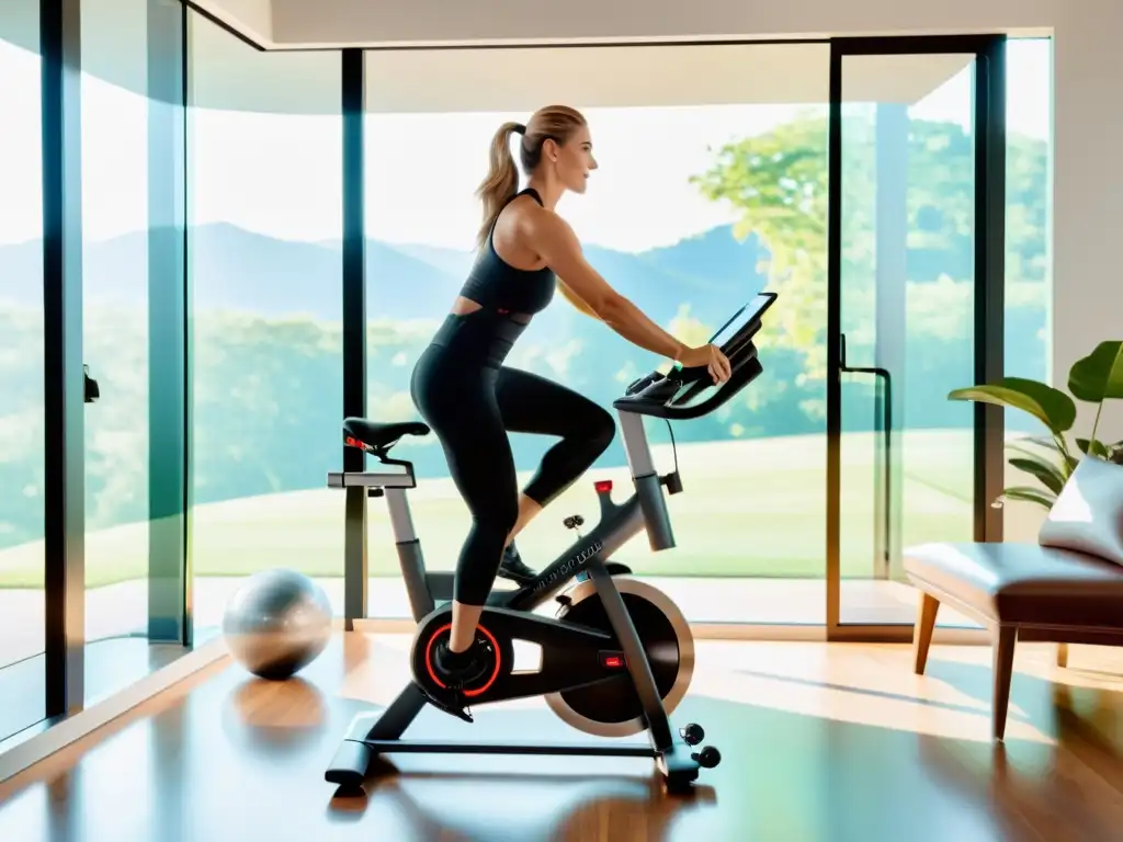 Entrenamiento virtual de alta tecnología en gimnasio moderno Equipo de ejercicio inteligente para el hogar: Bicicleta de entrenamiento moderna con pantalla digital y entrenamiento interactivo en un gimnasio espacioso y bien iluminado