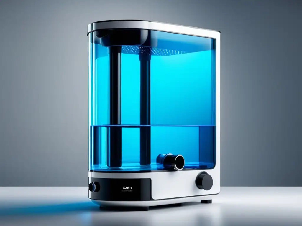 Sistema de filtración de agua: moderno, eficiente y elegante Equipo de filtración de agua moderno en 8k, con múltiples capas de filtros claramente etiquetados y codificados por colores, en un fondo blanco limpio