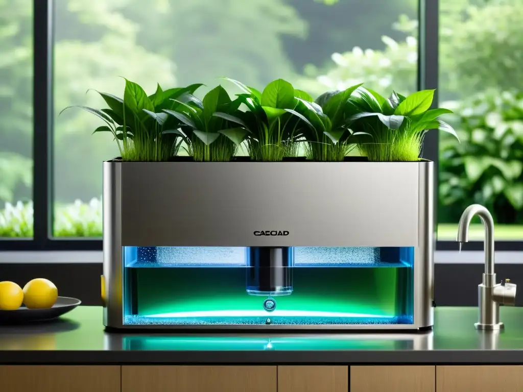 Sistema de filtración de agua moderno: eficiencia y diseño ecológico Equipo de filtración de agua moderno con diseño elegante de acero inoxidable y cámaras transparentes, rodeado de vegetación vibrante y agua cascada