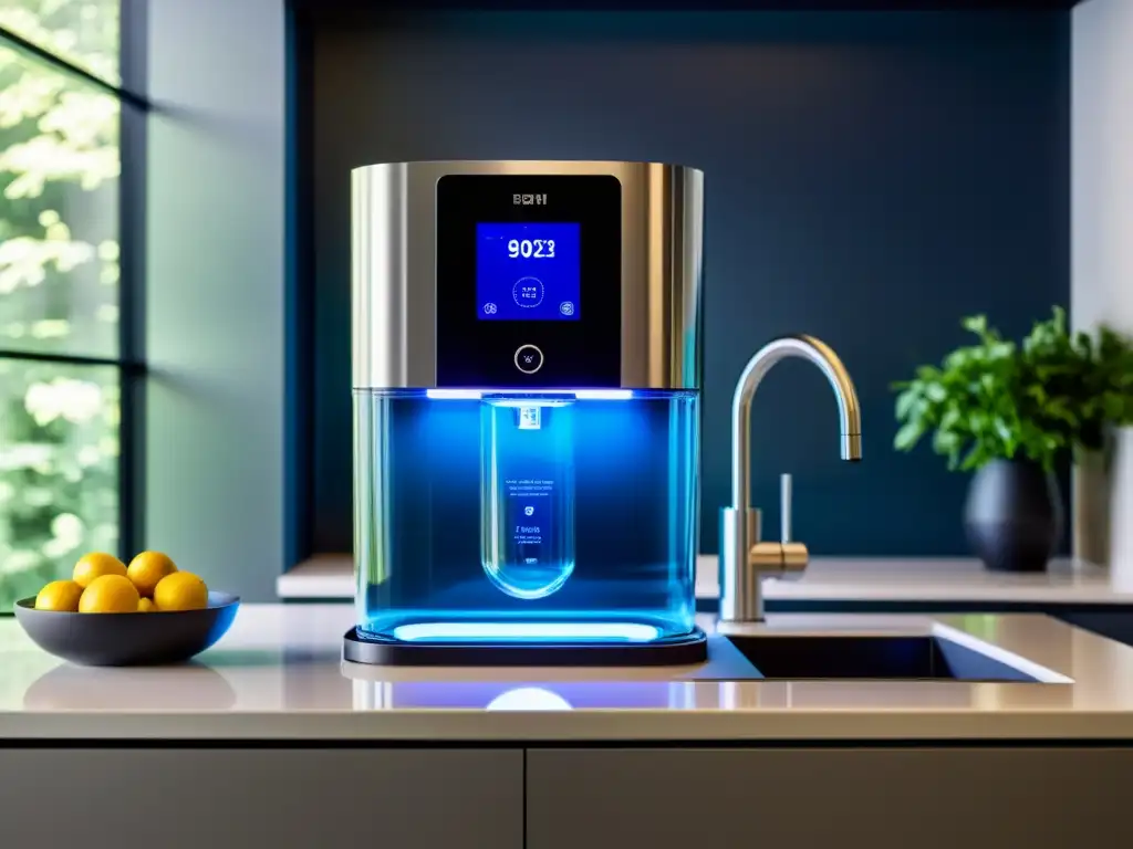 Sistema de filtración de agua de alta tecnología para hogares modernos Equipo moderno de filtración de agua con diseño elegante e iluminación ambiental, integrado en una cocina, con pantalla digital y depósito de agua