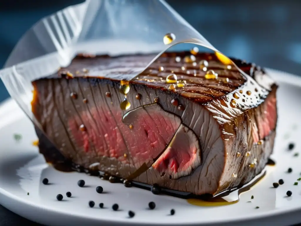 Sous Vide: Exquisito steak cocido a la perfección Un equipo Sous Vide moderno muestra un suculento filete cocido al vacío en baño de agua