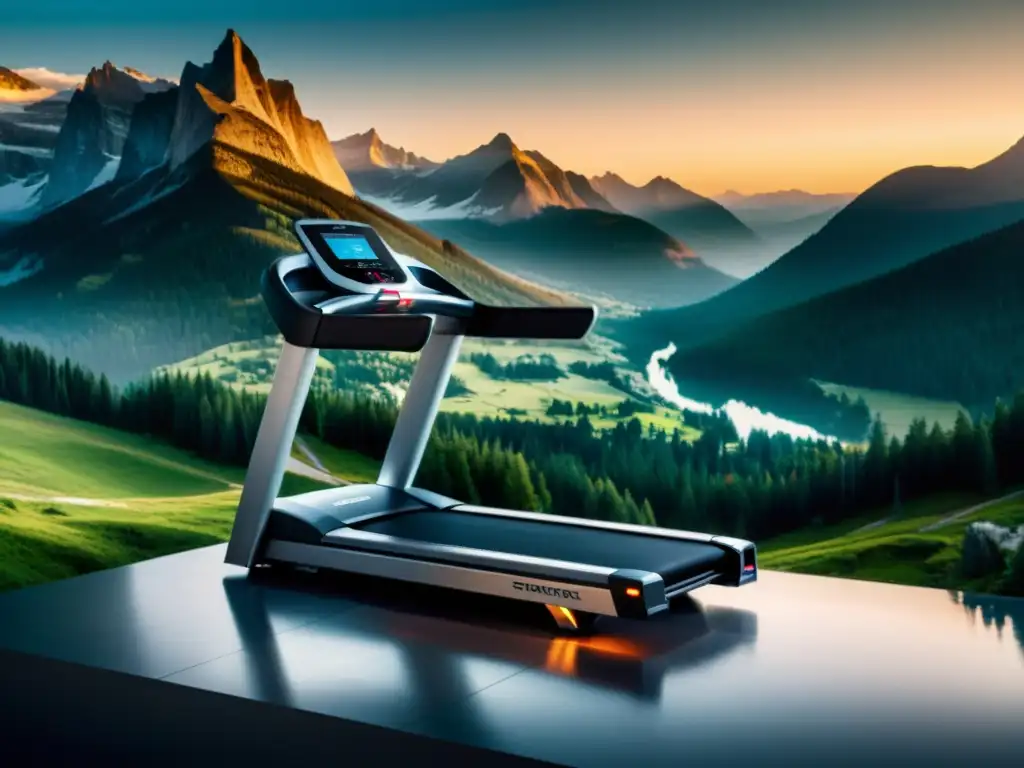 Smart treadmill con pantalla HD en paisaje montañoso virtual Equipos de ejercicio inteligentes para hogar: moderno y minimalista gimnasio con cinta de correr virtual en paisaje montañoso en pantalla HD