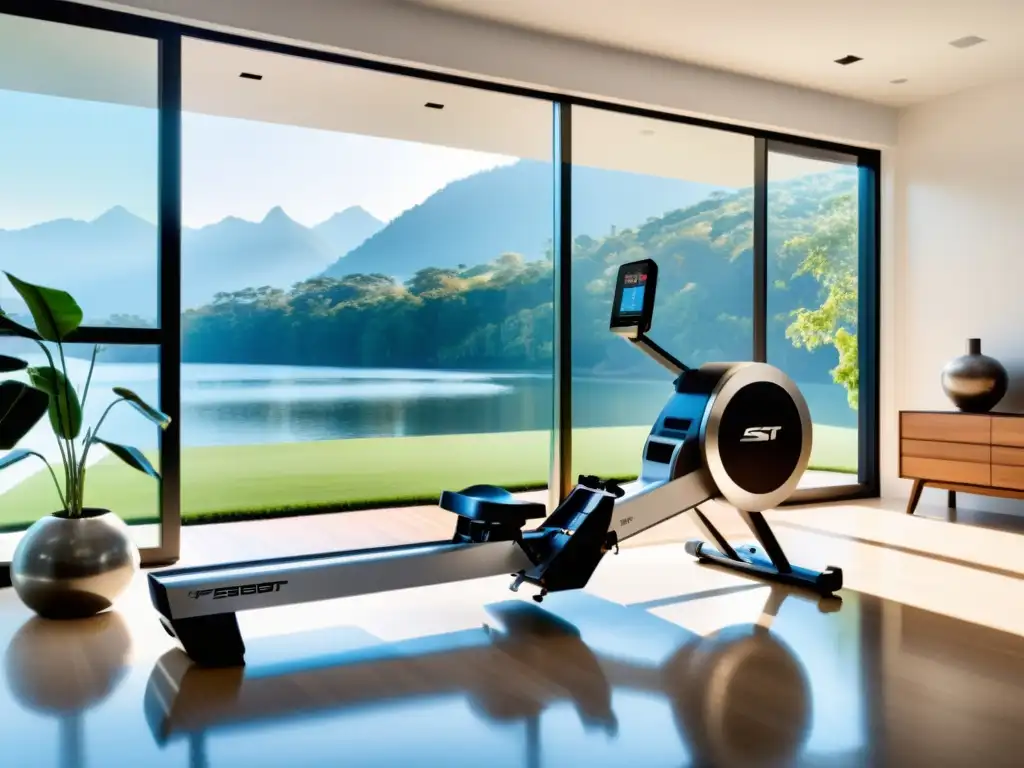 Remo hightech para un hogar moderno Equipos de ejercicio inteligentes para hogar: Máquina de remo moderna en un gimnasio espacioso y bien iluminado, con diseño contemporáneo y motivador